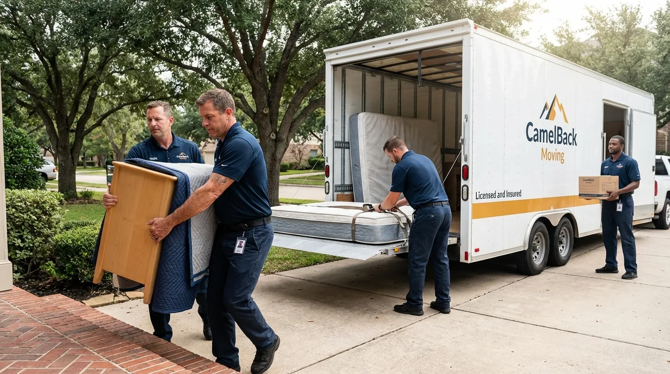 Crew loading residential truck for cross-state move from Blythe, CA