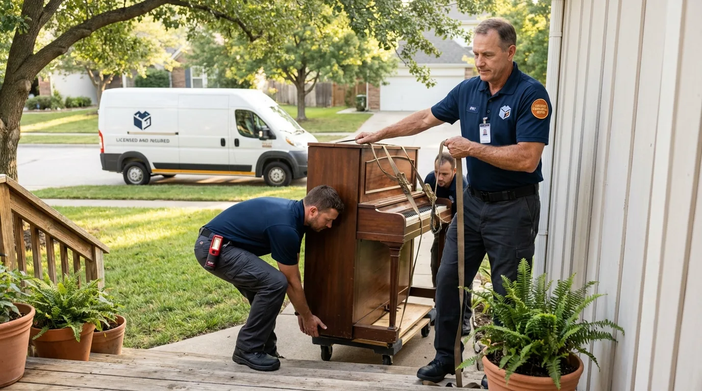 Licensed piano movers securing grand piano in Blythe, CA