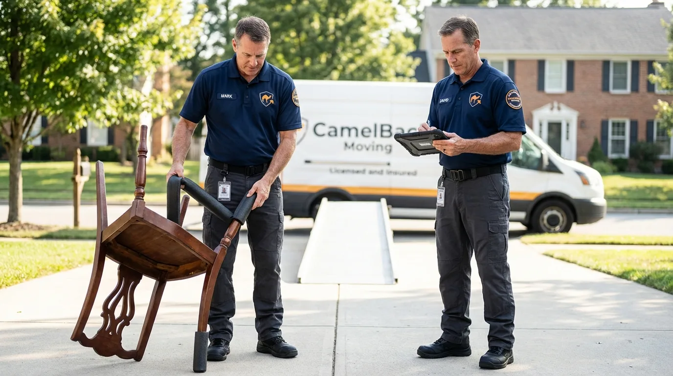 Movers inspecting furniture for damage prevention before loading in Blythe, CA