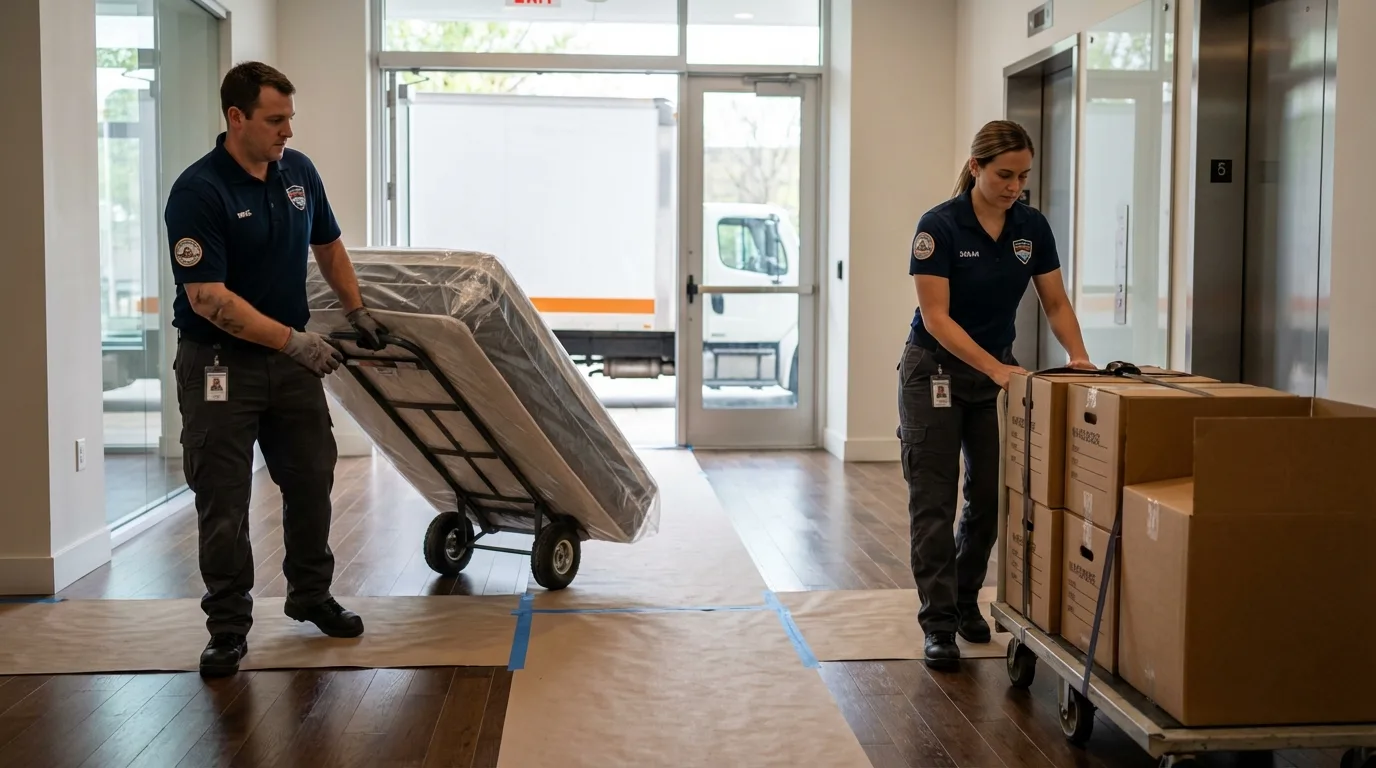 Professional apartment movers loading elevator in Blythe, CA